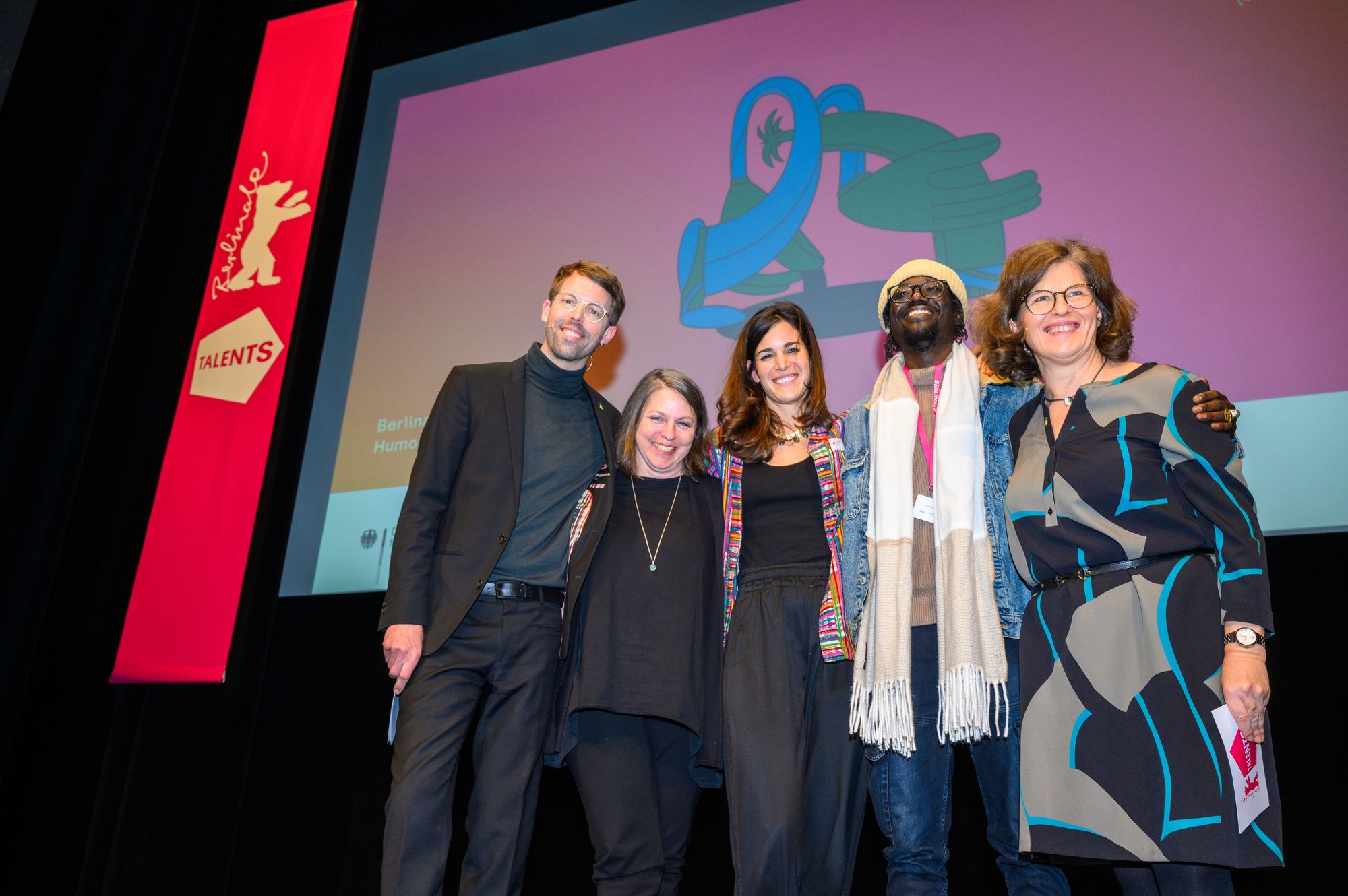 Medienboard's  Veronika Grob with Florian Weghorn,, Astrid Schäfer, Mamadou Socrate Diop and Christine Tröstrum at Berlinale Talents 2023 Opening Ceremony.