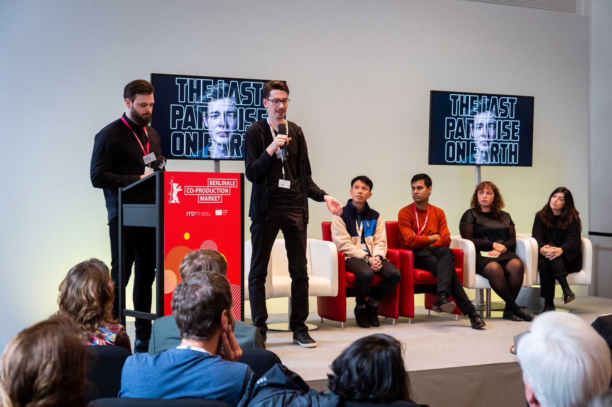 Producer Jón Hammer & director Sakaris Stórá pitching their project at the Talent Project Market  © Lydia Hesse, Berlinale 2020